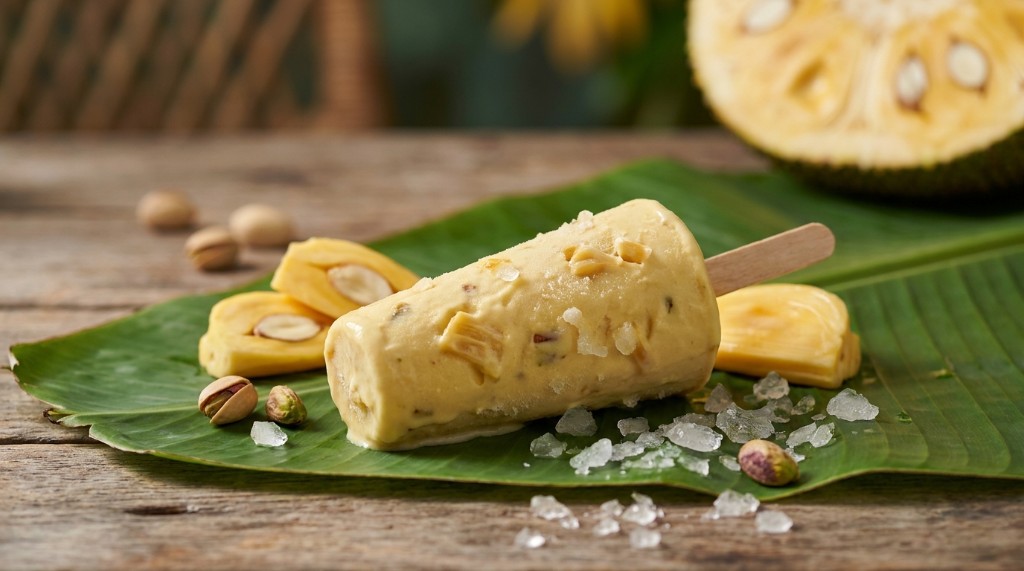 Jackfruit kulfi on a banana leaf