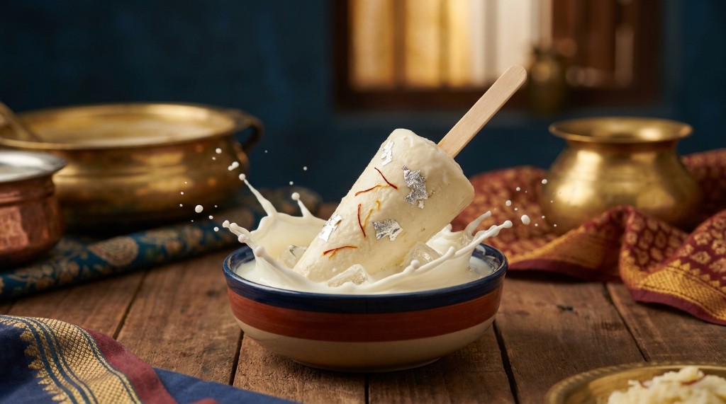 Malai kulfi splashing into milk