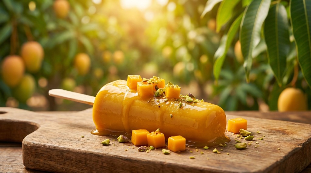 Mango kulfi with fresh mango cubes